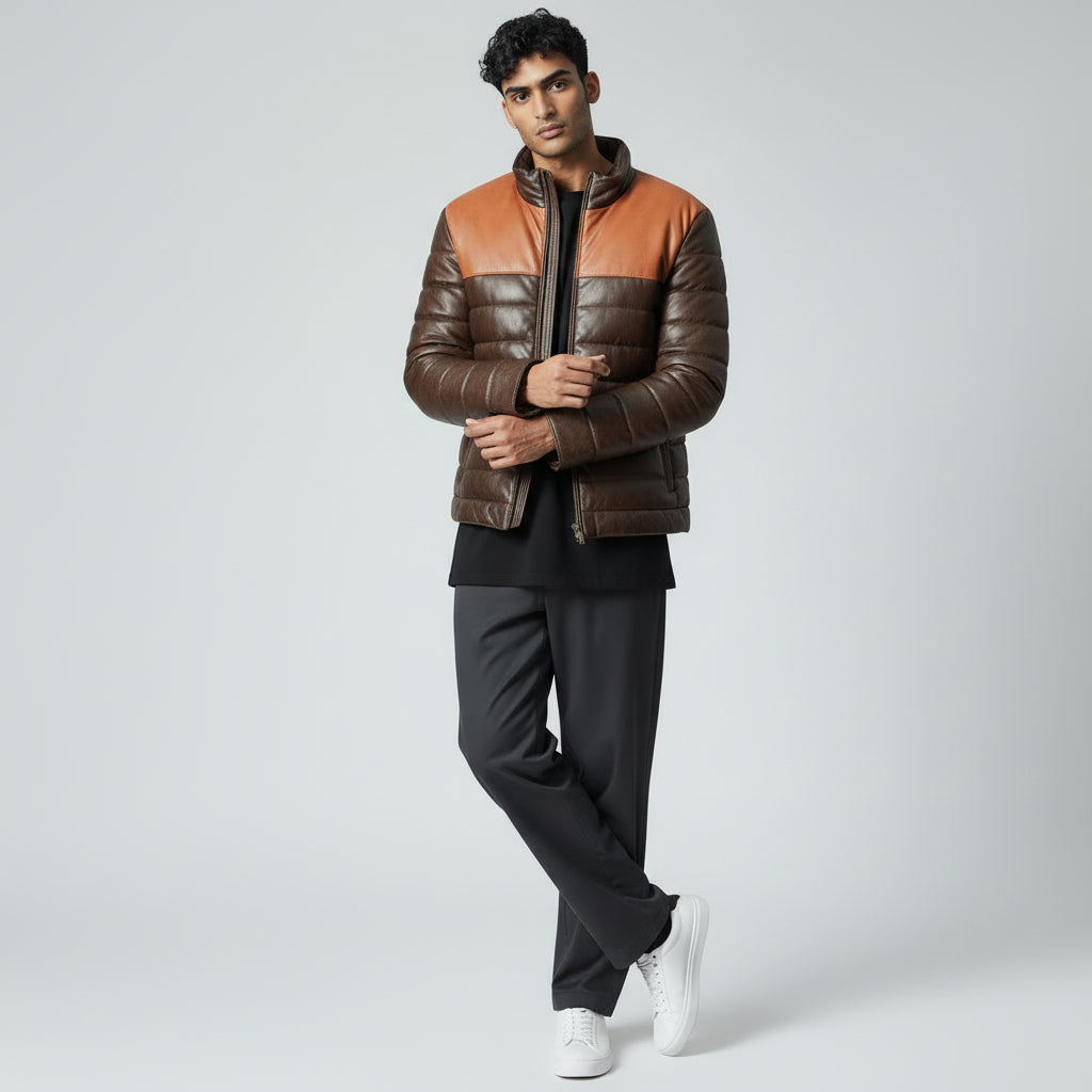 Brown Leather Puffer Jacket for Men