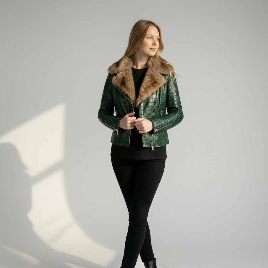 Women's Olive Green Crocodile-Embossed Leather Fur jacket