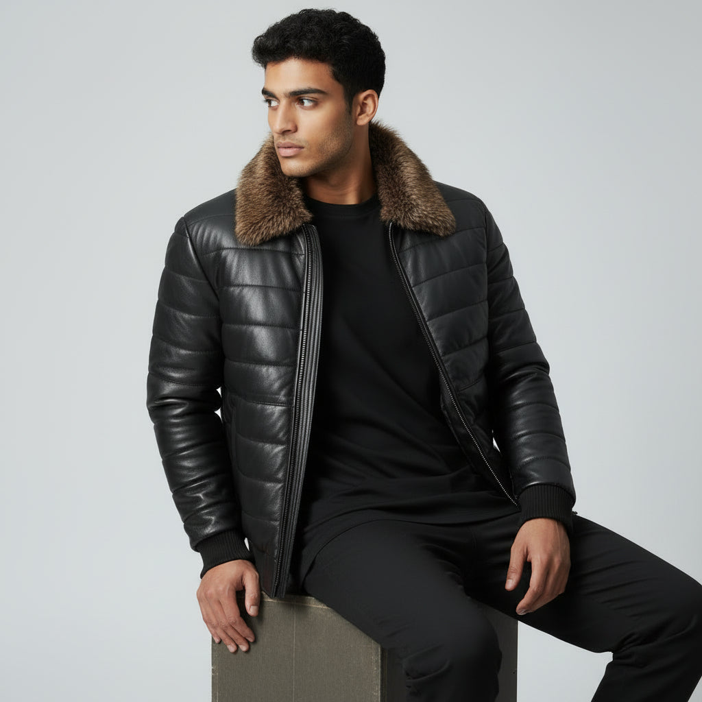 Men's Bomber Style Leather Jacket with Fur Collar - Vintage Aviator Look