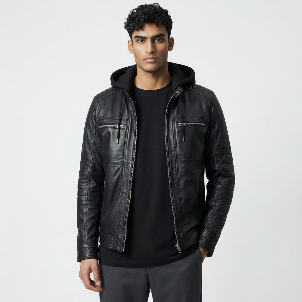 Black Leather Jacket With Hood