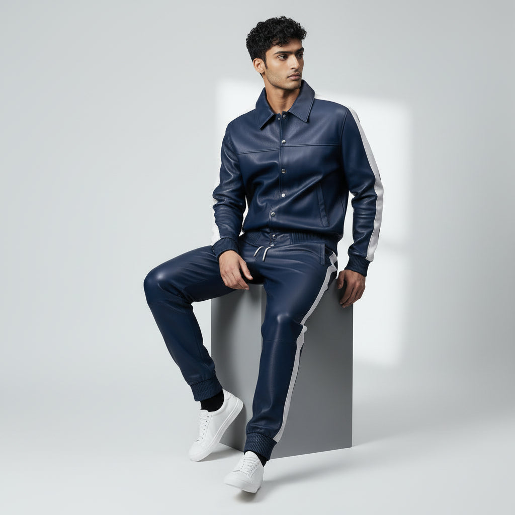 Men's Blue Leather Track Suit jogging Sweatsuit