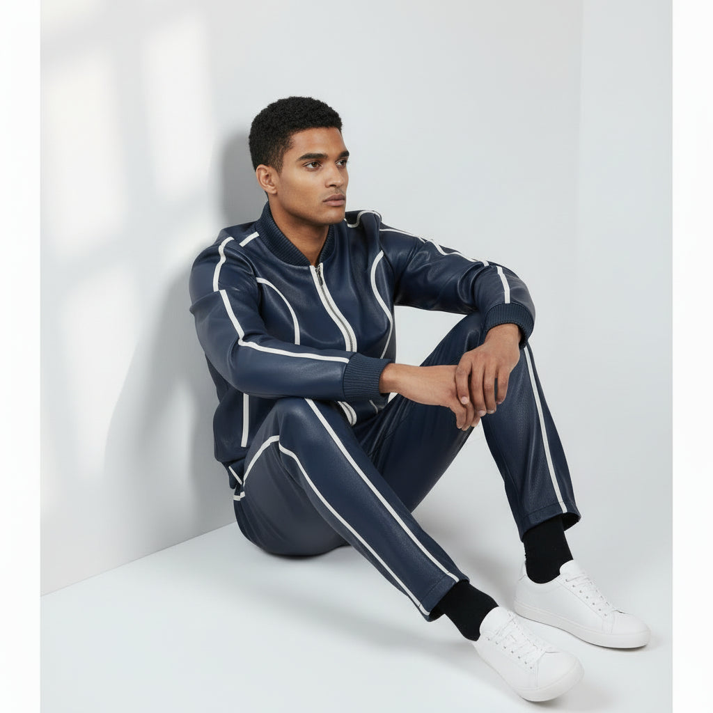 Men's Blue Leather Track Suit Sweatsuit