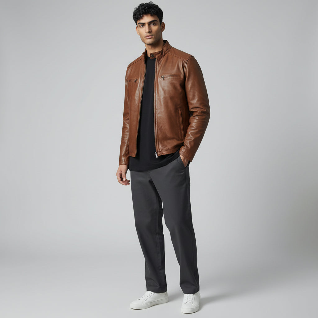 Thompson Leather Biker Jacket Brown