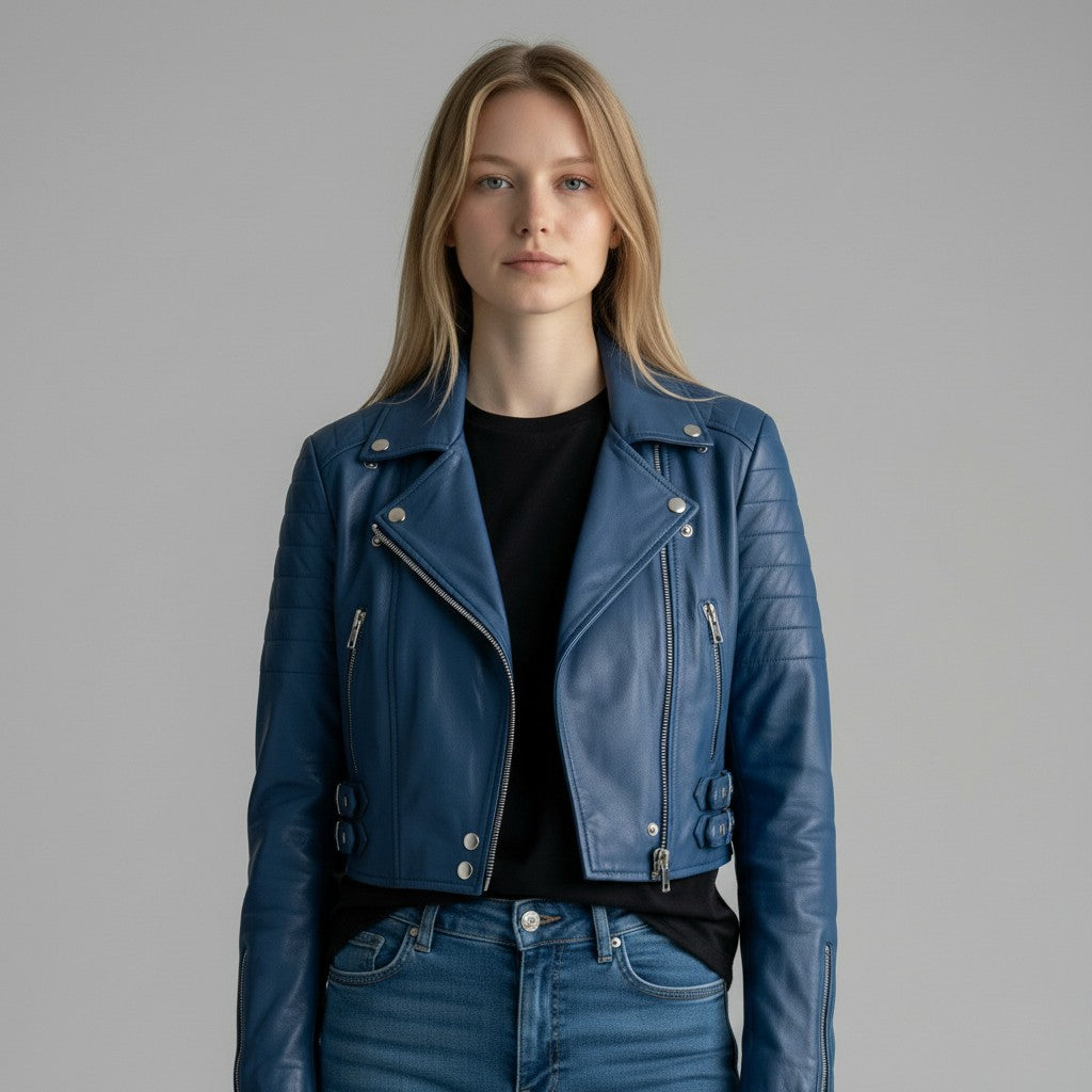 cropped Blue leather jacket For Women's