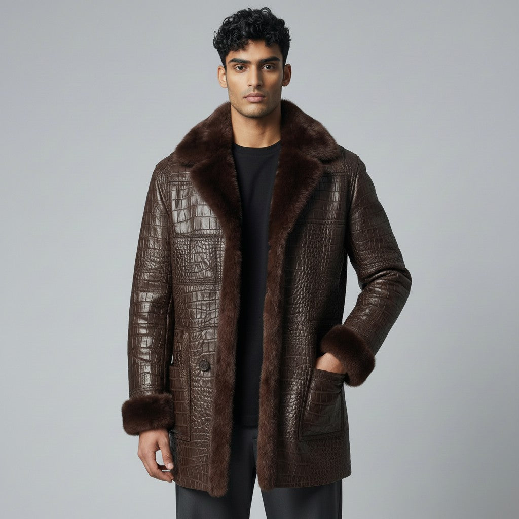 Men’s Brown Crocodile Embossed Leather Fur Coat