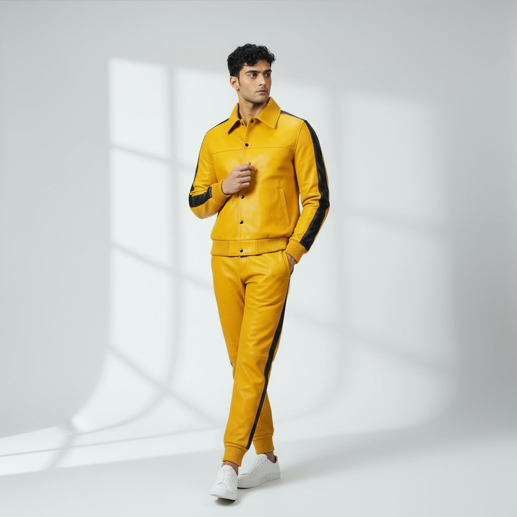 Men's Yellow Leather Track Suit jogging Sweatsuit