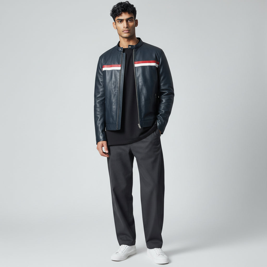 Racing Line Blue Leather Jacket for Men's