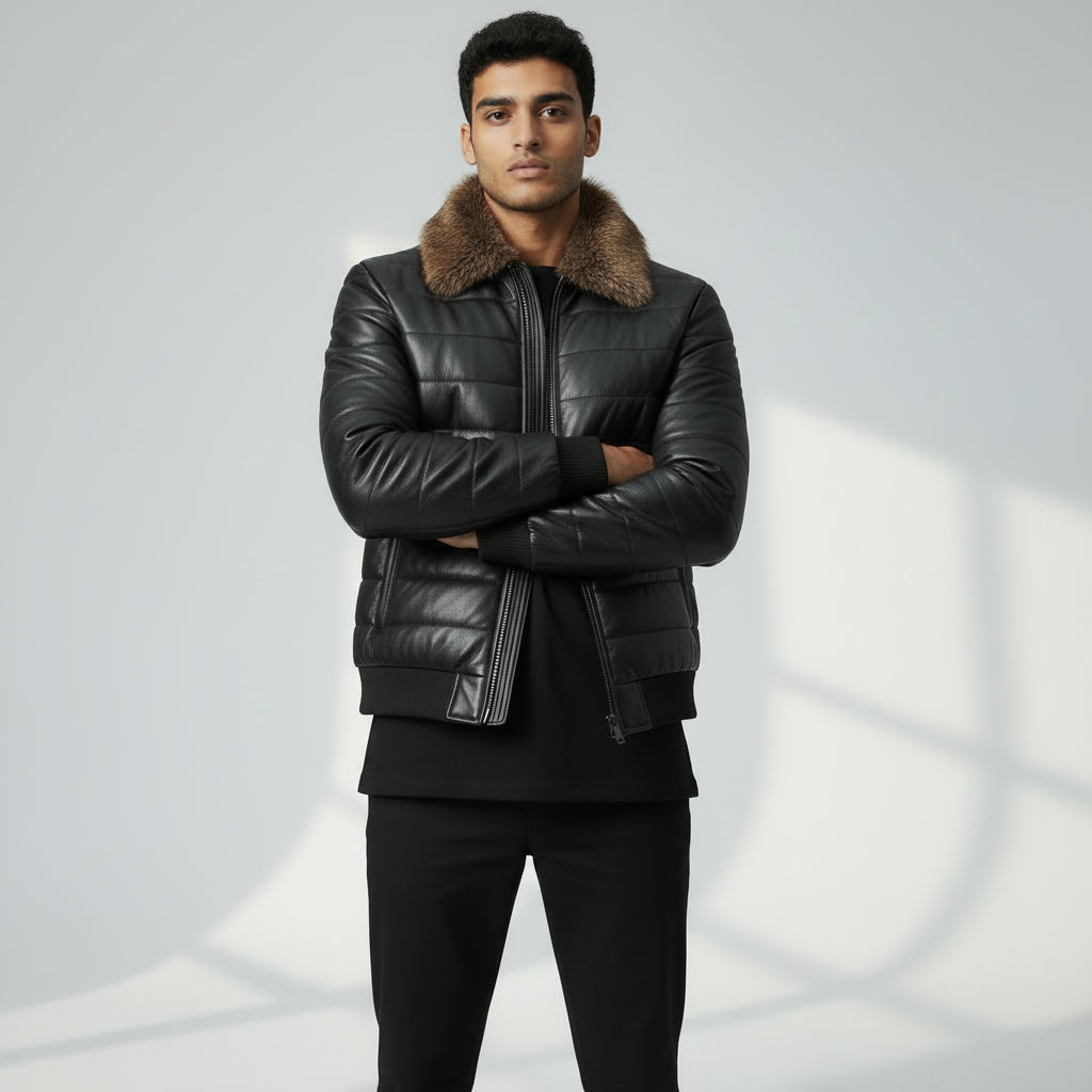 Men's Bomber Style Leather Jacket with Fur Collar - Vintage Aviator Look