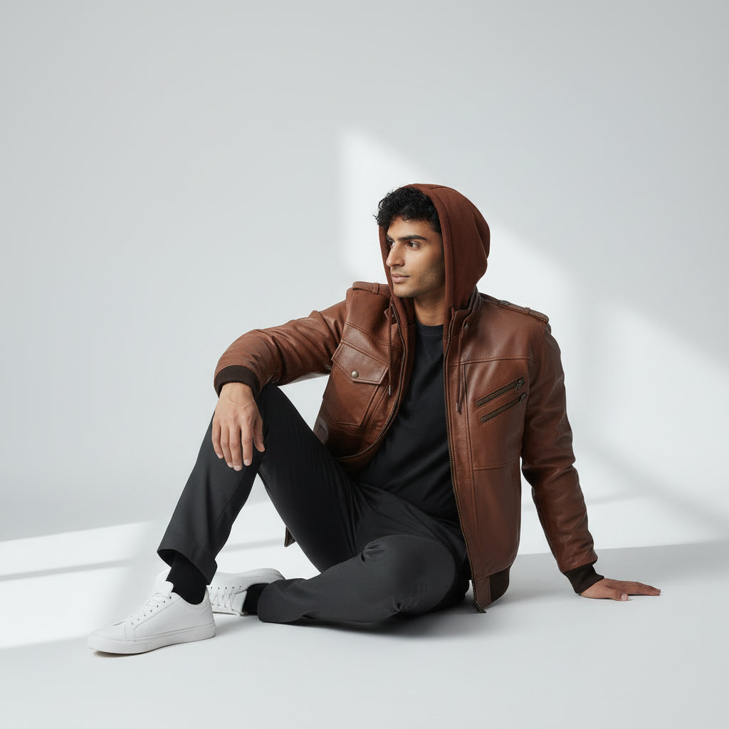 Hooded Brown Leather Biker Jacket for Men's