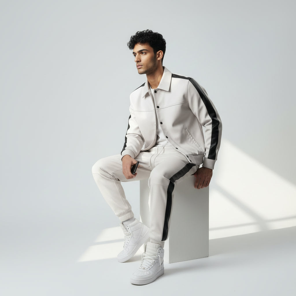 Men's White Leather Track Suit jogging Sweatsuit