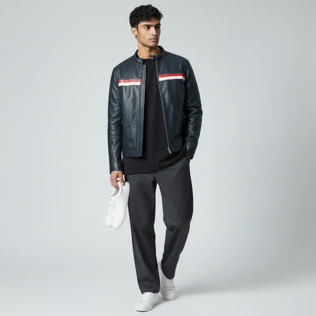 Racing Line Blue Leather Jacket for Men's