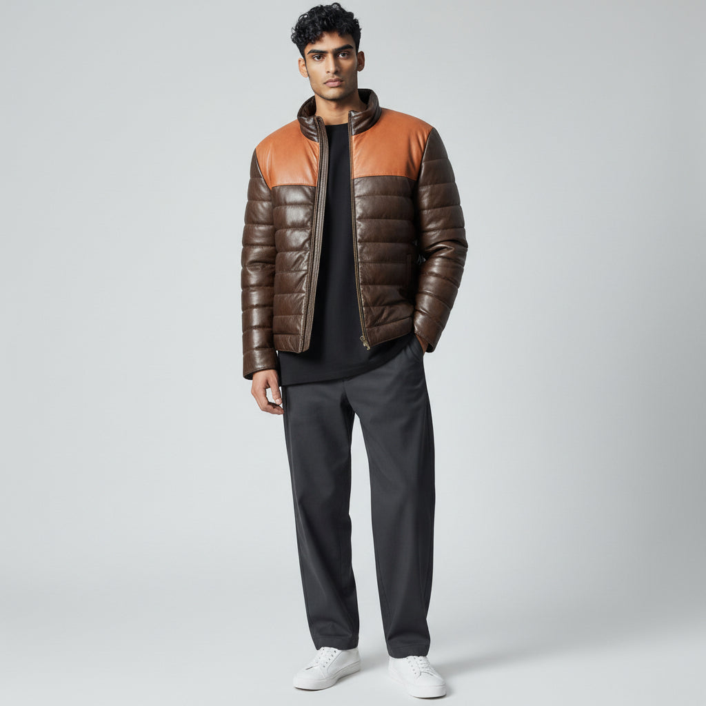 Brown Leather Puffer Jacket for Men
