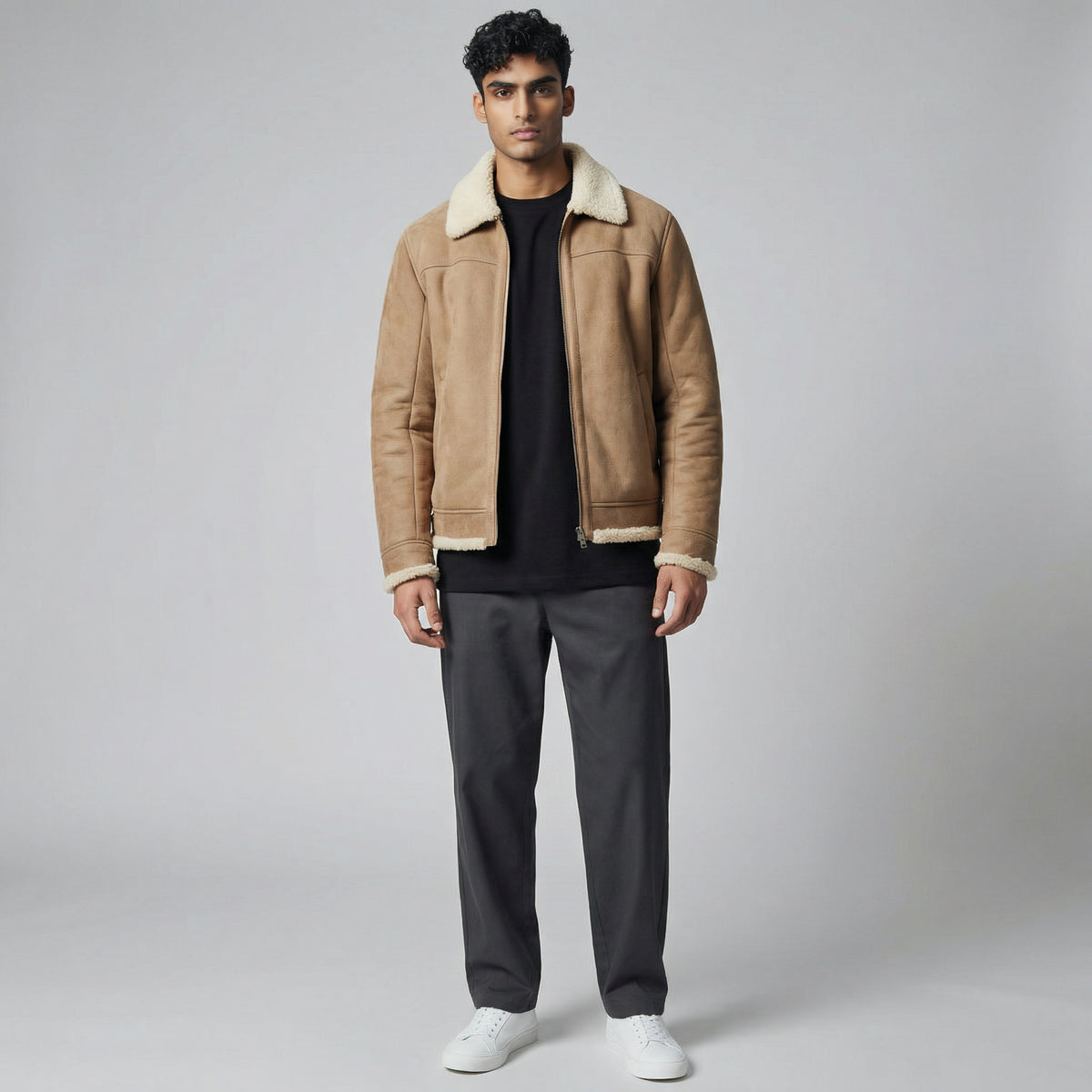 Shearling Suede Leather Bomber Jacket