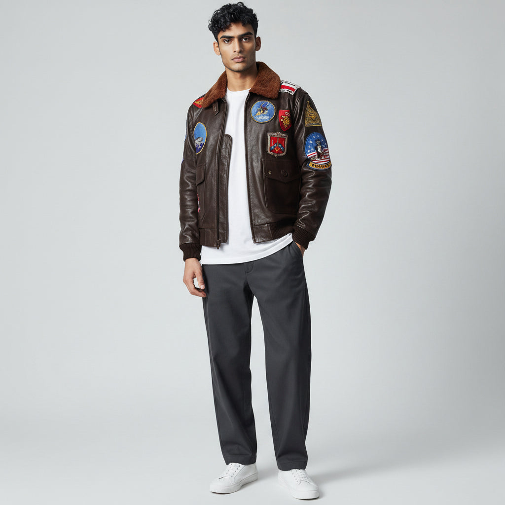 Maverick's Signature Style: The Iconic Dark Brown Leather Aviator Jacket