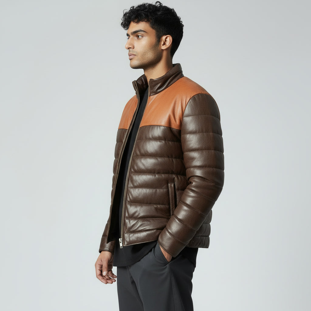 Brown Leather Puffer Jacket for Men