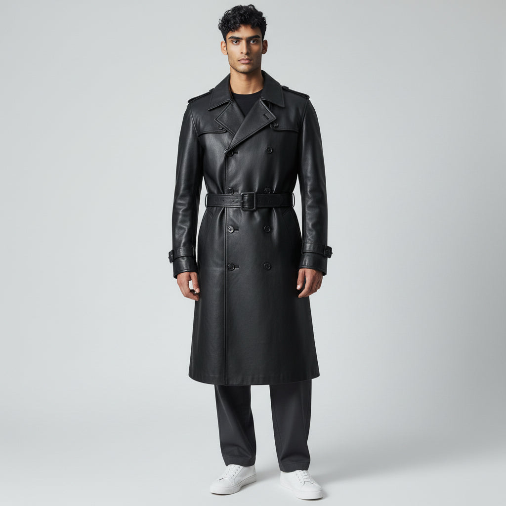 Black long leather coat for men's